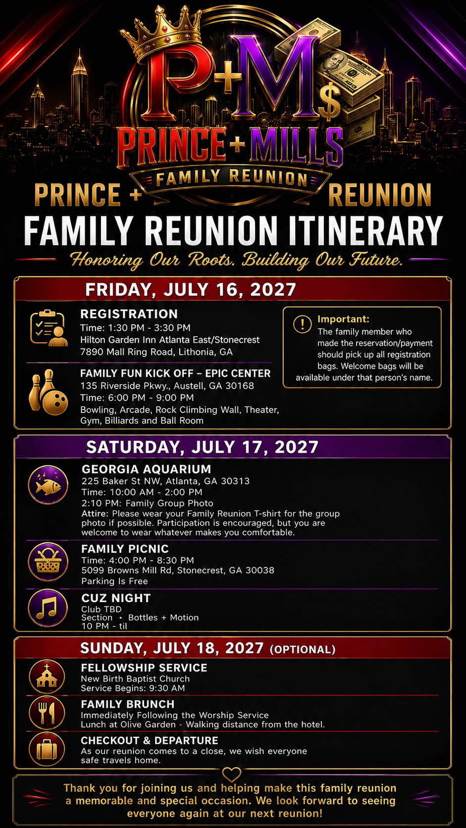 Prince-Mills Family Reunion itinerary for July 16 through 18, 2027